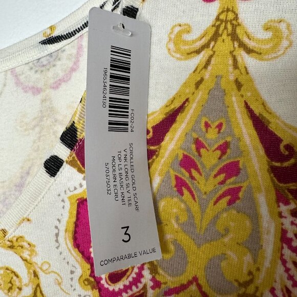 Chicos Scrolled Gold Scarf Tee Size XL 3 V-Neck Long Sleeve - Picture 5 of 12
